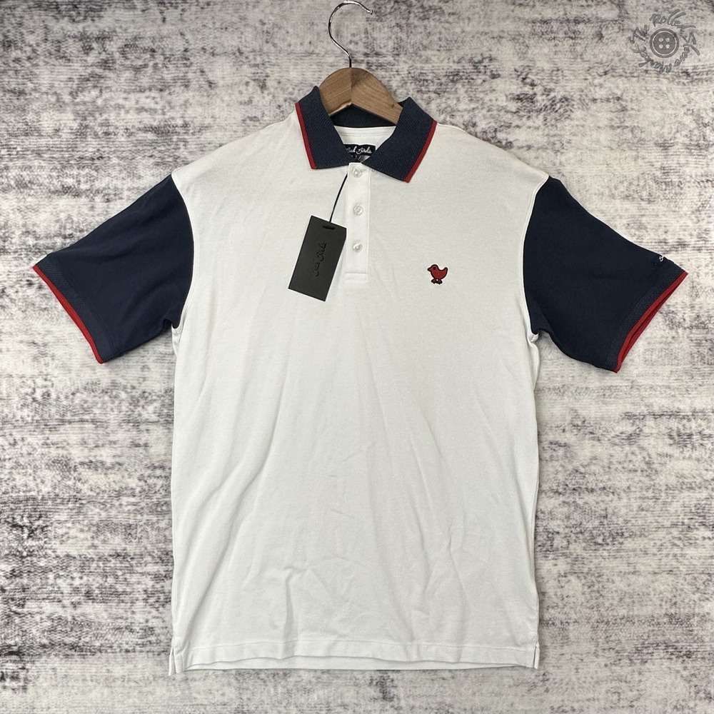 New Bad Birdie Pique Golf Polo‎ Men's Small White Navy Red BBMP030-721 MSRP $84